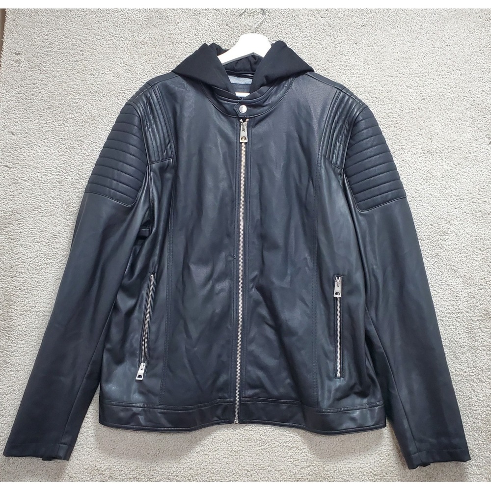 Guess Los Angeles Motorcycle Jacket Mens 2XL Black Lined Winter Hooded Biker